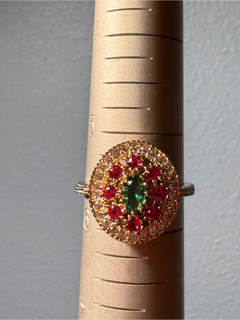 Gold-Tone Green and Red Gemstone Oval Ring